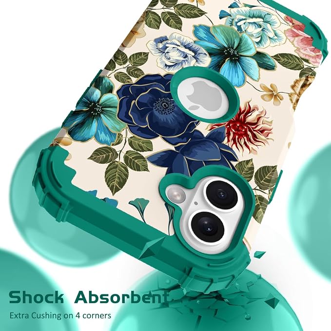 Hocase for iPhone 17 Case 6.3", Heavy Duty Shockproof Protection Soft Silicone Rubber+Hard Plastic Bumpers Hybrid Protective Case for iPhone 17 2025 - Teal Flowers