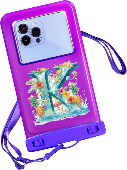 Personalized Initial Waterproof Phone Pouch Case - IPX8 Cellphone Dry Bag with Lanyard for iPhone 16/15/14/13/12 Pro Max (6.1–6.9"), Beach & Cruise Ship Essentials with Monogrammed Design (Purple, K)