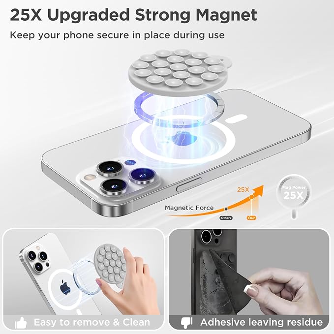 Magnetic Suction Cup Phone Mount with MagSafe, Silicone Hands-Free Grip Holder for iPhone Case and Android, Mirror Shower Phone Stand for Makeup FaceTime Gym Kitchen Bathroom, Light Gray