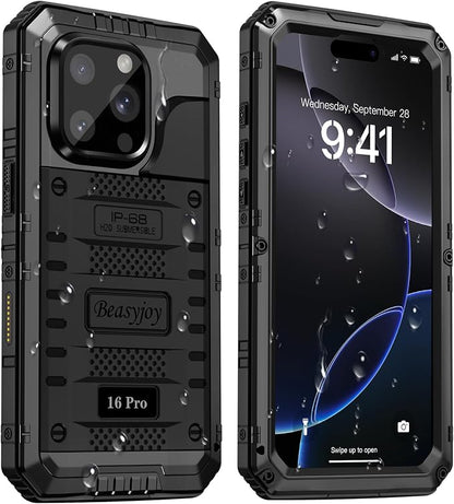 Beasyjoy for iPhone 16 Pro Case Waterproof, Metal Heavy Duty Full Body Protective Case with Built-in Screen Protector, Military Grade Shockproof Dustproof Defender Cover for iPhone 16 Pro 6.3", Black