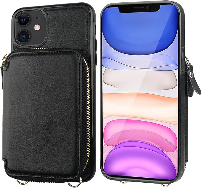 Bocasal RFID Blocking Wallet Case for iPhone 11, Adjustable Crossbody Zipper Purse Case Card Holder with Kickstand Detachable Wrist Strap, PU Leather Flip Folio Case 6.1 Inch (Black)