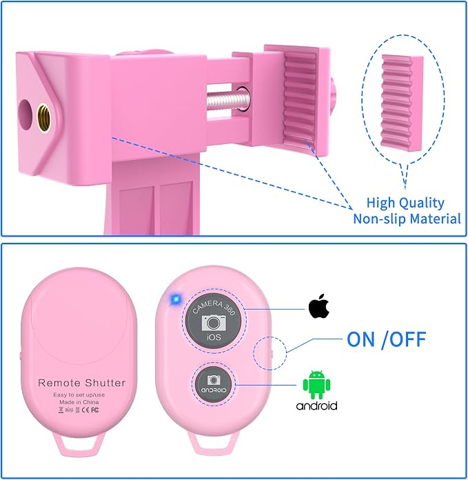 Universal Phone Tripod Mount Adapter with Ｗireless Camera Remote, Cell Phone Holder with Adjustable Clamp for Selfie Stick Monopod Compatible with iPhone, Samsung and so on -Pink