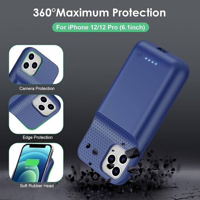 Battery Case for iPhone 12/12 Pro,[2025 Upgraded] 10800mAh Ultra-Slim Portable Extended Charger Case Cover for iPhone 12/12 Pro Charging Case (6.1 Inch)-Blue