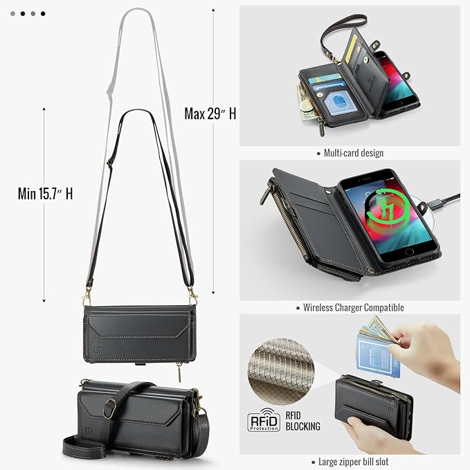 Strapurs Crossbody Wallet Case Compatible with iPhone SE/7/8 RFID Blocking 7-Card Holder Soft PU Leather Magnetic Snap Shoulder Strap Zipper Pocket Phone Cases Fit for iPhone SE 2020 2022 - Black