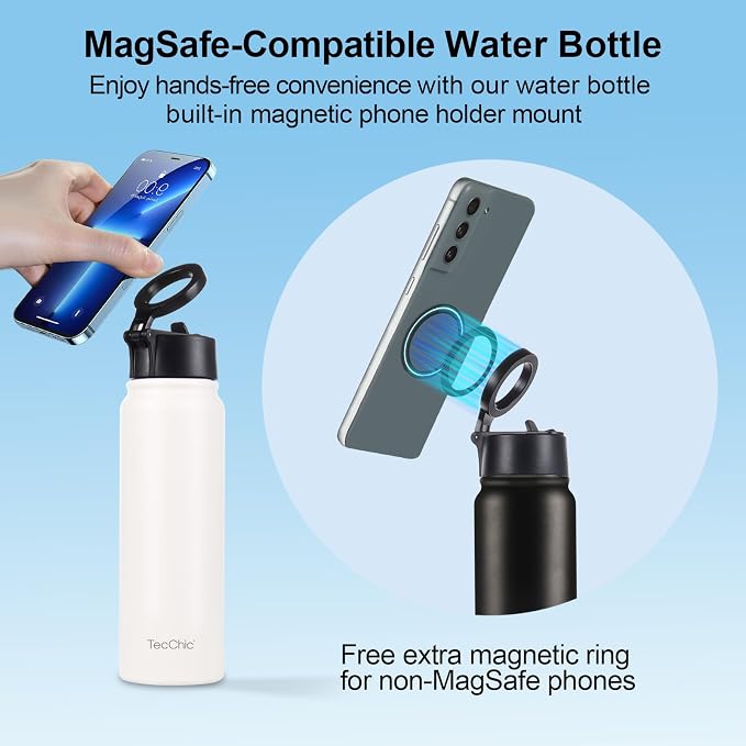 Insulated Water Bottle with Magnetic Phone Holder Compatible with MagSafe and iPhone,Double-Sided Magnet,Hot 12H Cold 24H,Stainless Steel Water Bottle Phone Mount for Sports Travel,27oz (Navy Blue)