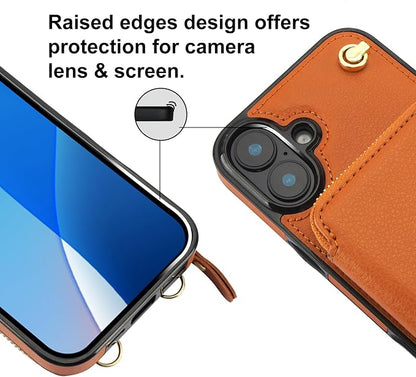 Bocasal Crossbody Wallet Case for iPhone 16 Plus, RFID Blocking Leather Purse Case with Card Holder, Protective Handbag Flip Cover with Zipper Wrist Strap Lanyard for Women 5G 6.7 Inch (Brown)
