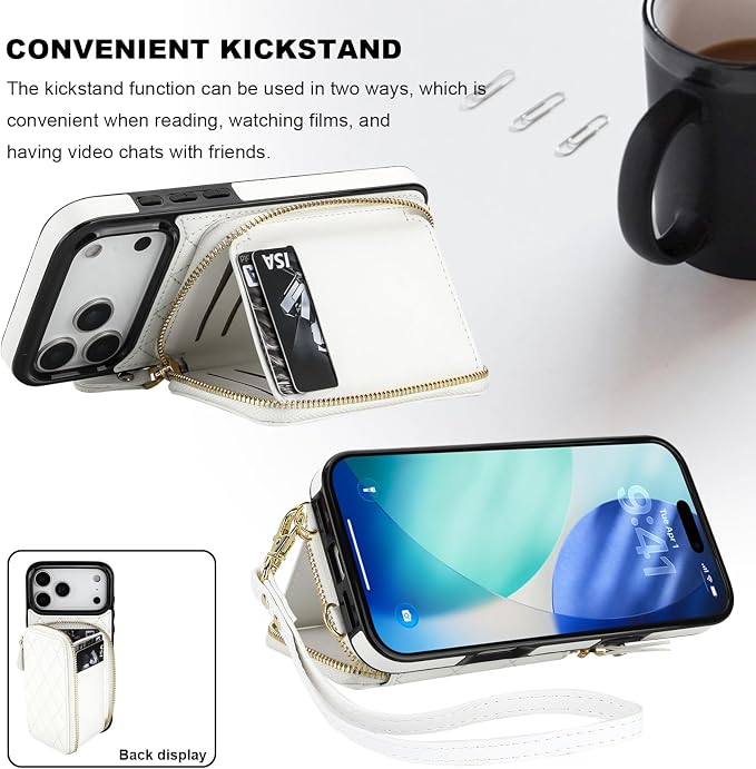 Bocasal Crossbody Wallet Case for iPhone 17 Pro Max, RFID Blocking PU Leather Zipper Handbag Purse Flip Cover, Kickstand Folio Case with Card Slots Holder Wrist Strap Lanyard 5G 6.9 Inch (White)