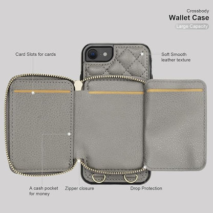 Bocasal Crossbody Wallet Case for iPhone SE 2022/SE 2020/8/7, RFID Blocking PU Leather Zipper Handbag Purse Flip Cover, Kickstand Folio Case with Card Slots Holder Wrist Strap Lanyard 4.7 Inch (Grey)