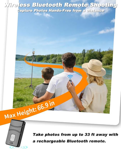 Magnetic Phone Tripod & Selfie Stick, 66.9" Adjustable Height, Strong Magnetic Mount, One-Button Unlock Tripod Design, Bluetooth Remote, Flexible Angles for Vlogging & Content Creation