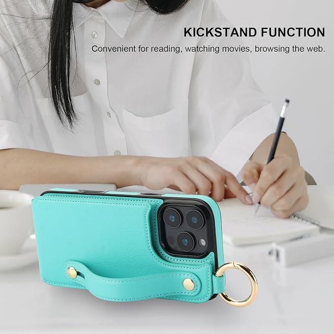 Folosu for iPhone 16 Pro Max Wallet Case with Card Holder, Hand Wrist Strap Loop Holder Kickstand, RFID Blocking Finger Grip Ring PU Leather Double Buttons Shockproof Cover 6.9" Green