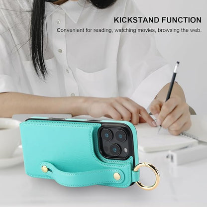 Folosu for iPhone 16 Pro Max Wallet Case with Card Holder, Hand Wrist Strap Loop Holder Kickstand, RFID Blocking Finger Grip Ring PU Leather Double Buttons Shockproof Cover 6.9" Green