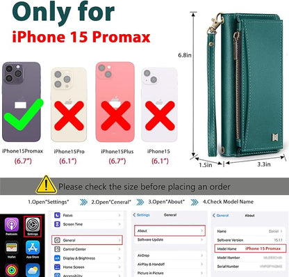 Wallet Case for iPhone 15 Pro Max with Card Holder/Crossbody Wallet/Strap| RFID Blocking | Magnetic | Kickstand | Detachable | PU Leather Phone Case for iPhone 15 Pro Max,6.7 in,Green