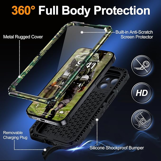 Mitywah Waterproof Case for iPhone 15 Plus, Heavy Duty Shockproof Case with Built-in Screen Protector, Full Body Underwater Protective Metal Case 6.1 inch, Camouflage