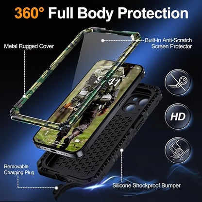 Mitywah Waterproof Case for iPhone 15 Plus, Heavy Duty Shockproof Case with Built-in Screen Protector, Full Body Underwater Protective Metal Case 6.1 inch, Camouflage