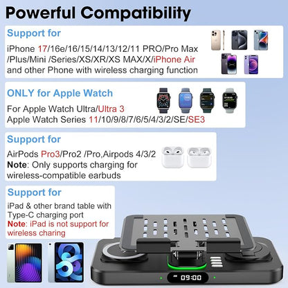 6 in 1 Wireless Charger for Apple Multiple Devices, Charging Station with Clock &7 Color Ambient Light, Foldable Rotate Stand for iPad, for iPhone17/16/15, Support for Apple Watch11/10 For AirPods4