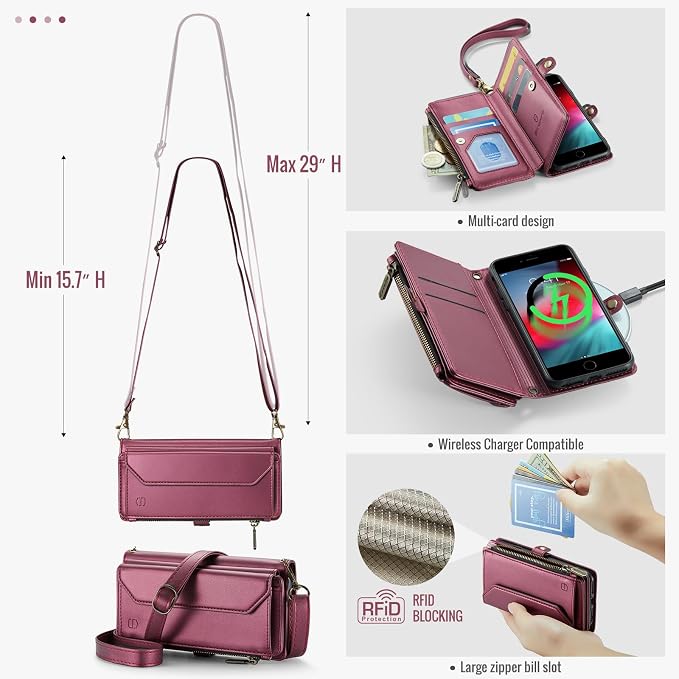 Strapurs Crossbody Wallet Case Compatible with iPhone SE/7/8 RFID Blocking 7-Card Holder Soft PU Leather Magnetic Snap Shoulder Strap Zipper Pocket Phone Cases Fit for iPhone SE 2020 2022 - Wine Red