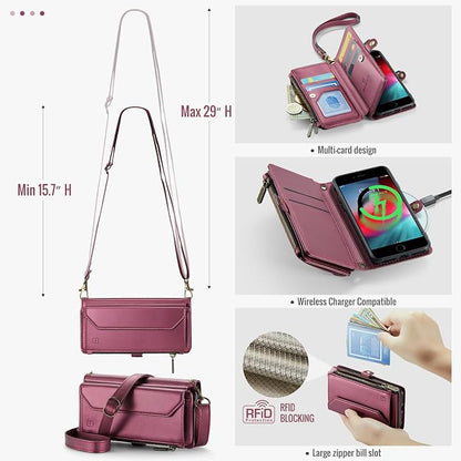 Strapurs Crossbody Wallet Case Compatible with iPhone SE/7/8 RFID Blocking 7-Card Holder Soft PU Leather Magnetic Snap Shoulder Strap Zipper Pocket Phone Cases Fit for iPhone SE 2020 2022 - Wine Red