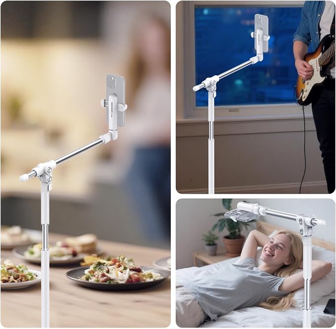 NEEWER Basics Phone Floor Stand with Horizontal Extension Arm, Adjustable Cell Phone Holder Clamp Mount Compatible with iPhone Samsung for Video Recording Bed Lying Down, Weighted Base, ST009 White