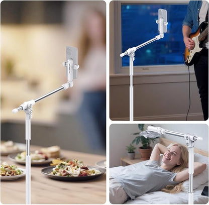 NEEWER Basics Phone Floor Stand with Horizontal Extension Arm, Adjustable Cell Phone Holder Clamp Mount Compatible with iPhone Samsung for Video Recording Bed Lying Down, Weighted Base, ST009 White