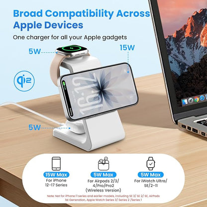 Magnetic Wireless Charging Station for iPhone: 3 in 1 Qi2 Certified 15W Fast Charging for iPhone 17-12, Apple Watch & AirPods, N52 Magnets & 30W Adapter Included (Office/Bedside/Desk)