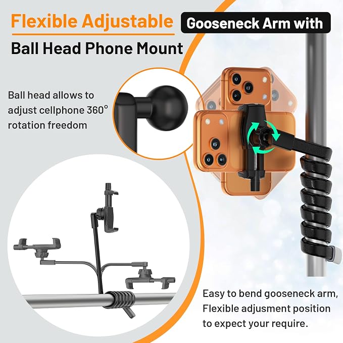 Flexible Phone Holder for Treadmill |Stroller |Wheel |Chair Pole |Stick |Rod |Tube |Shelf | Railing |Cart,35.4" / 90 cm Gooseneck Arm Mount,Compatible with 3.5~7.5" iPhone/LG/Galaxy Smartphone