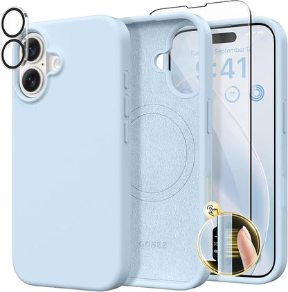 GONEZ Magnetic for iPhone 16 Case, Compatible with MagSafe, [Screen Protector + Camera Lens Protector], Liquid Silicone Shockproof Protective Phone Case for iPhone 16 6.1", Blue