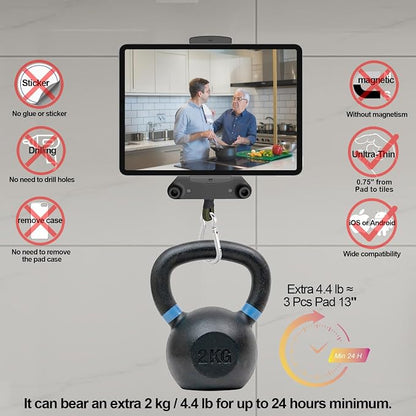 Powerful Suction Cup iPad & Tablet Wall Mount for Mirror, Glossy Tiles & Glass, Pad Holder for Bathroom, Kitchen, Gym, Yoga, Makeup, Supports extra 3 pads for 24H, Fits devices from 5.5"-12.9" (Black)