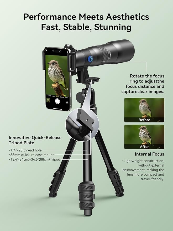 MIAO LAB 50X HD Ultra Telephoto Lens for iPhone and Most Smartphone, with Tripod & Universal Phone Clip, Suitable for Indoor and Outdoor Shooting and Watch Concert, Moon Viewing