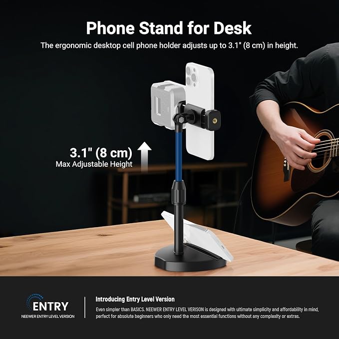 NEEWER ENTRY LEVEL VERSION Cell Phone Stand for Desk, Adjustable Office Bed Table Phone Holder Mount Compatible with iPhone Samsung Android for Video Recording Filming, 360° Rotation & 90° Tilt, DS030
