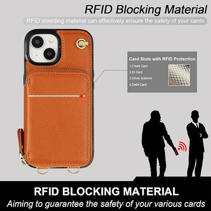 Bocasal Crossbody Wallet Case for iPhone 15, RFID Blocking Leather Purse Case with Card Holder, Protective Handbag Flip Cover with Zipper Wrist Strap Lanyard for Women 5G 6.1 Inch (Brown)