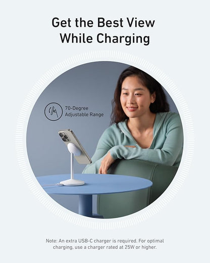 Anker MagGo iPhone 17 MagSafe Charger Compatible Stand, 15W Fast Magnetic Wireless Charging Station, Qi2 Certified 360° Wireless Charger (White, with Cable)