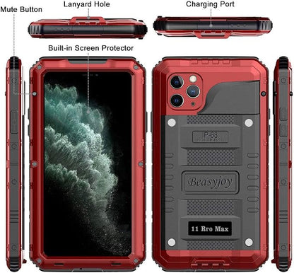 Beasyjoy for iPhone 11 Pro Max Case Waterproof Metal Case Heavy Duty Built-in Screen Full Body Protective Shockproof Military Grade Red