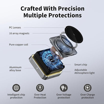 【2026 Upgraded】 Magnetic Wireless Charger 3 in 1, Foldable Charging Station with Night Light for Apple MagSafe Charger, Travel Charger Stand, Nightstand Fast 15W Charging Station (with Adapter)