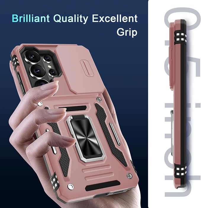 DEERLAMN Case for Samsung Galaxy S26 Ultra 6.9-Inch with Slide Camera Cover+Screen Protector(1 Pack), Rotated Ring Kickstand Military Grade Shockproof Protective Cover-Rose Gold