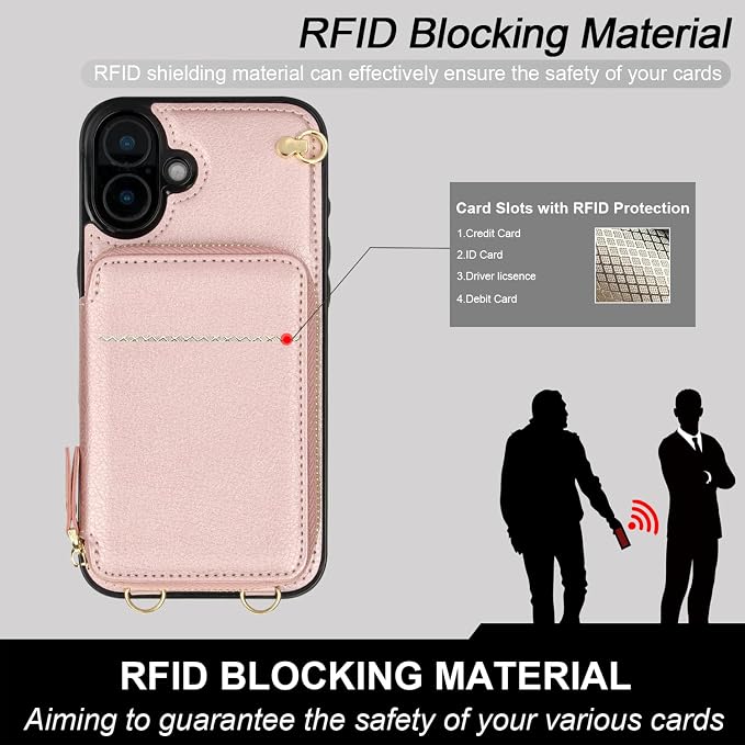 Bocasal Crossbody Wallet Case for iPhone 16 Plus, RFID Blocking Leather Purse Case with Card Holder, Protective Handbag Flip Cover with Zipper Wrist Strap Lanyard for Women 5G 6.7 Inch (Rose Gold)