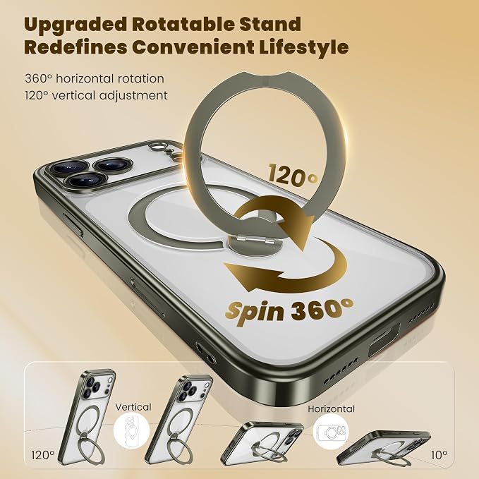 GolbinBox for iPhone 17 Pro Case with 360° Spin Magnetic Stand,[Compatible with Magsafe] [Military Protection][Built-in Ring Holder] Camera Control Phone Case for 17 Pro,Titanium Gray/Clear
