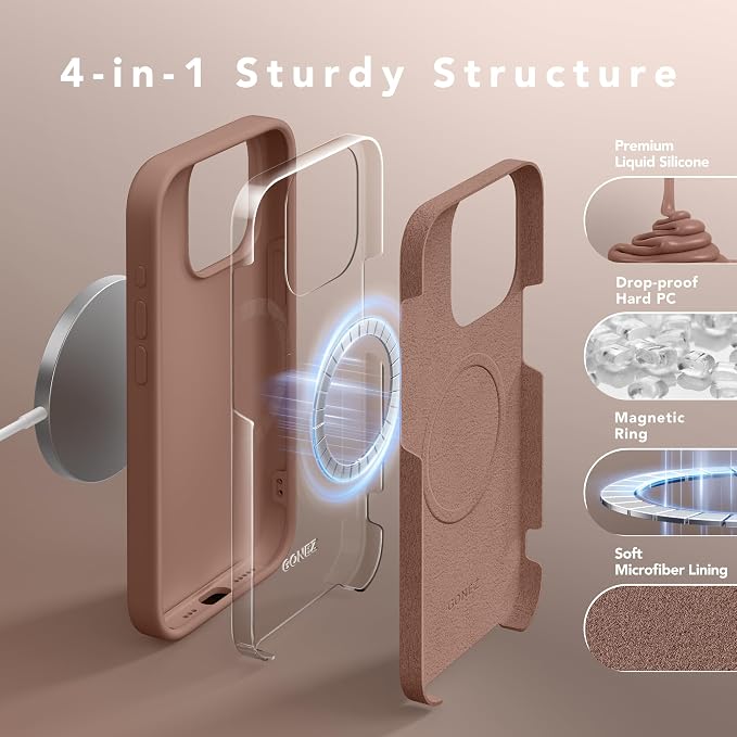 GONEZ Magnetic for iPhone 15 Pro Case, Compatible with MagSafe, [Screen Protector + Camera Lens Protector], Silicone Shockproof Anti-Scratch Protective Phone Case 6.1 inch, Brown