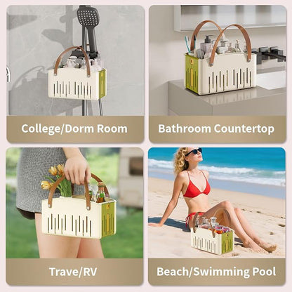 Portable Shower Caddy,Foldable Shower Caddy with Handle and Adjustable Divider,Plastic Shower Storage Basket,Quick Dry Bathroom Shower Organizer Bin for College,Dorm Room,Travel Essentials (Green)