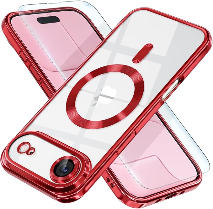 Misea Magnetic for iPhone 17 Air Case Compatible with MagSafe [Never Yellowing] [Military Grade Drop Protection] Full Camera Lens Protector Plating Soft Clear Phone Case for Women, Red