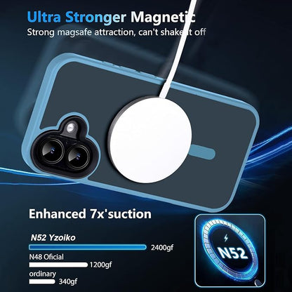 Strong Magnetic Case for iPhone 16 Case [5X-Grade Drop Tested & Compatible with MagSafe] Translucent Anti-Fingerprint Shockproof Protective Cover 6.1 Inch, Light Blue