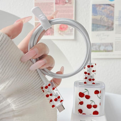 Lovmooful Compatible for iPhone 18W/20W USB-C Charger Cover Clear Lovely Cherry Design Soft Charger Protector Cute Cable Case Saver Protector for Girls Women-Cherry