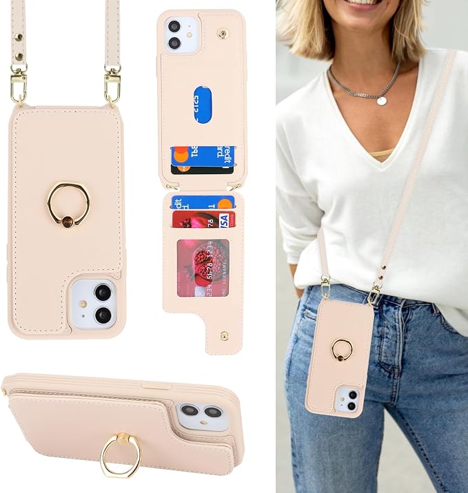 Lipvina for iPhone 12/12 Pro Case with Card Holder for Women,Crossbody Strap Lanyard,Credit Card Holder,Ring Stand,Snap Clasp,Wallet Case 6.1 inch (Beige)