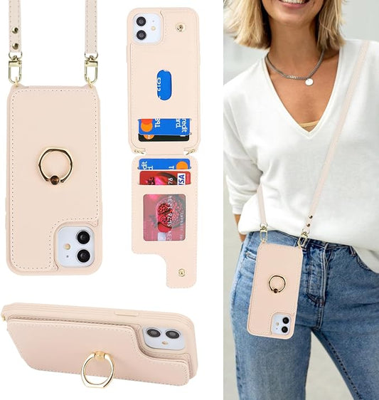 Lipvina for iPhone 12/12 Pro Case with Card Holder for Women,Crossbody Strap Lanyard,Credit Card Holder,Ring Stand,Snap Clasp,Wallet Case 6.1 inch (Beige)
