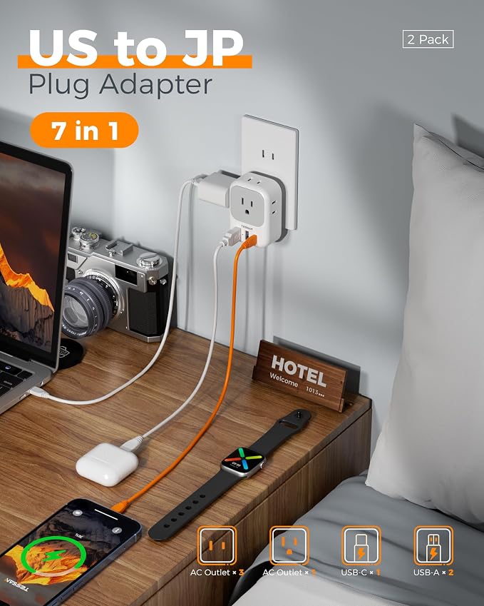 TESSAN 2 Prong to 3 Prong Outlet Adapter 2 Pack, US to Japan Plug Adapter | 4 Outlets 3 USB (1 USB C PD 20W), Outlet Adaptor US to Japan China Mexico Philippines Canada Peru Thailand Vietnam