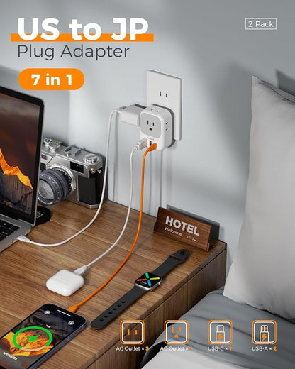 TESSAN 2 Prong to 3 Prong Outlet Adapter 2 Pack, US to Japan Plug Adapter | 4 Outlets 3 USB (1 USB C PD 20W), Outlet Adaptor US to Japan China Mexico Philippines Canada Peru Thailand Vietnam
