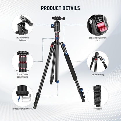 NEEWER 77" Camera Tripod Monopod with Cell Phone Holder Compatible with iPhone for Video Recording, Compact Aluminum Travel Stand with Ball Head QR Plate Bag Cleaning Cloth, Max Load 34lb, TP77