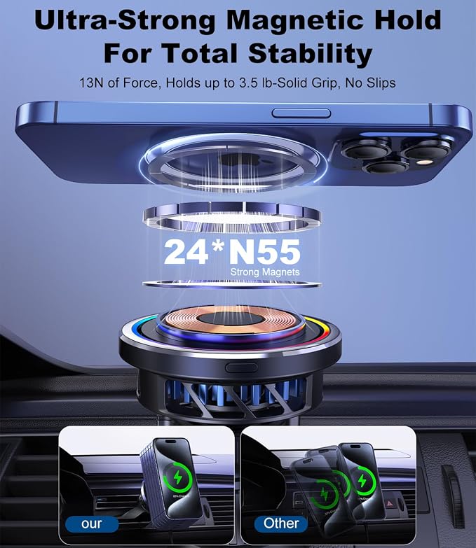Koolehaoda Qi2.2 25W Car Mount Charger for MagSafe with TEC Active Cooling, Magnetic Wireless Charger Vent Phone Mount with 65W Car Adapter,Stable Fast Charger for iPhone 17-12 Series/Galaxy S26/S25