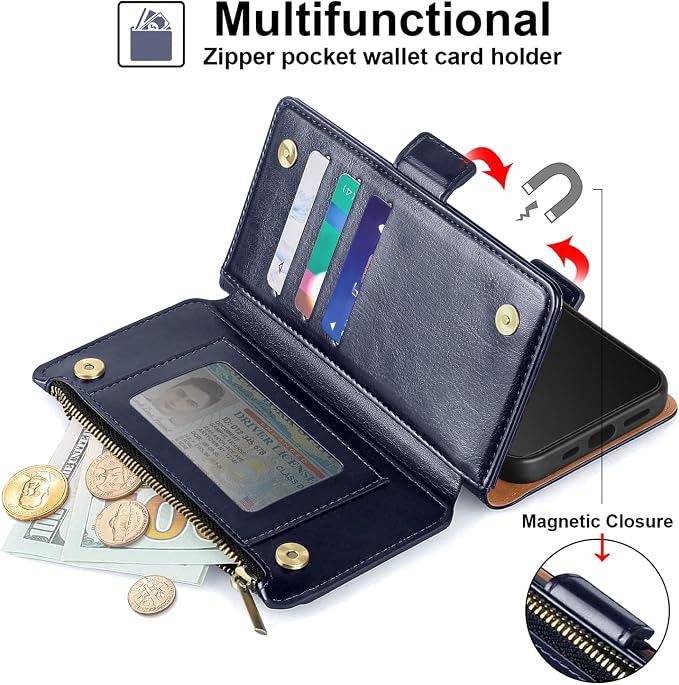 Antsturdy Compatible with iPhone 12 mini Wallet Case,RFID Blocking PU Leather Phone Case Women Men Kickstand Flip Cover Wrist Strap Zipper Credit Card Holder Slots,for Apple 12 mini,Dark Blue