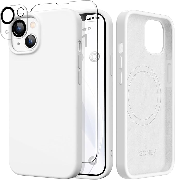 GONEZ Magnetic for iPhone 14 Case, Compatible with Magsafe, with Screen Protector + Camera Protector, Anti-Scratch Microfiber Lining, Liquid Silicone Shockproof Protective Phone Case, White