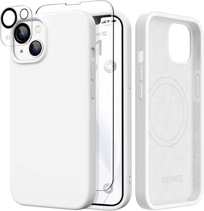 GONEZ Magnetic for iPhone 14 Case, Compatible with Magsafe, with Screen Protector + Camera Protector, Anti-Scratch Microfiber Lining, Liquid Silicone Shockproof Protective Phone Case, White